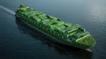 Ein Containerschiff mit grünen Containern
