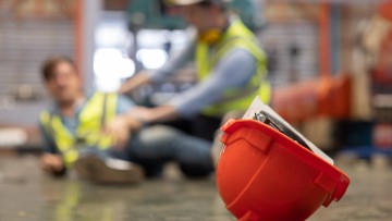 Verletzter Arbeiter wird von Kollege betreut, davor ein Schutzhelm am Boden