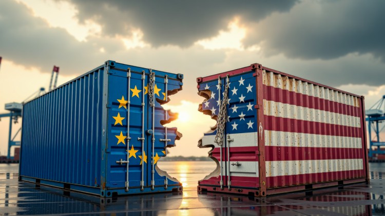 Ein Container ist in zwei Teile gerissen, einer mit EU-Flagge, einer mit USA-Flagge