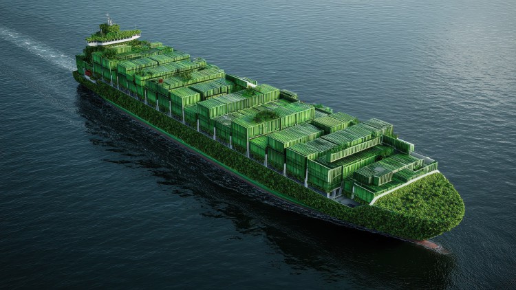 Ein Containerschiff mit grünen Containern