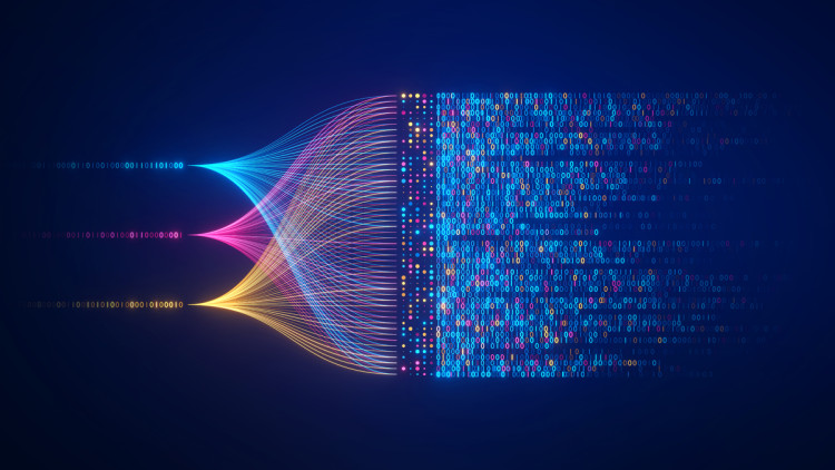 Big-Data-Technologie und Data Science-Illustration. Datenflusskonzept. Abfragen, Analysieren, Visualisieren komplexer Informationen. Neuronales Netz für künstliche Intelligenz. Data-Mining. Business Analytics.