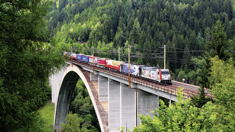 Güterzug auf einer Brücke über Wald